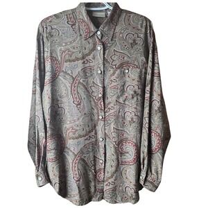Liz Claiborne Lizwear M Paisley Button Front Blouse Rayon Long Sleeve Vintage